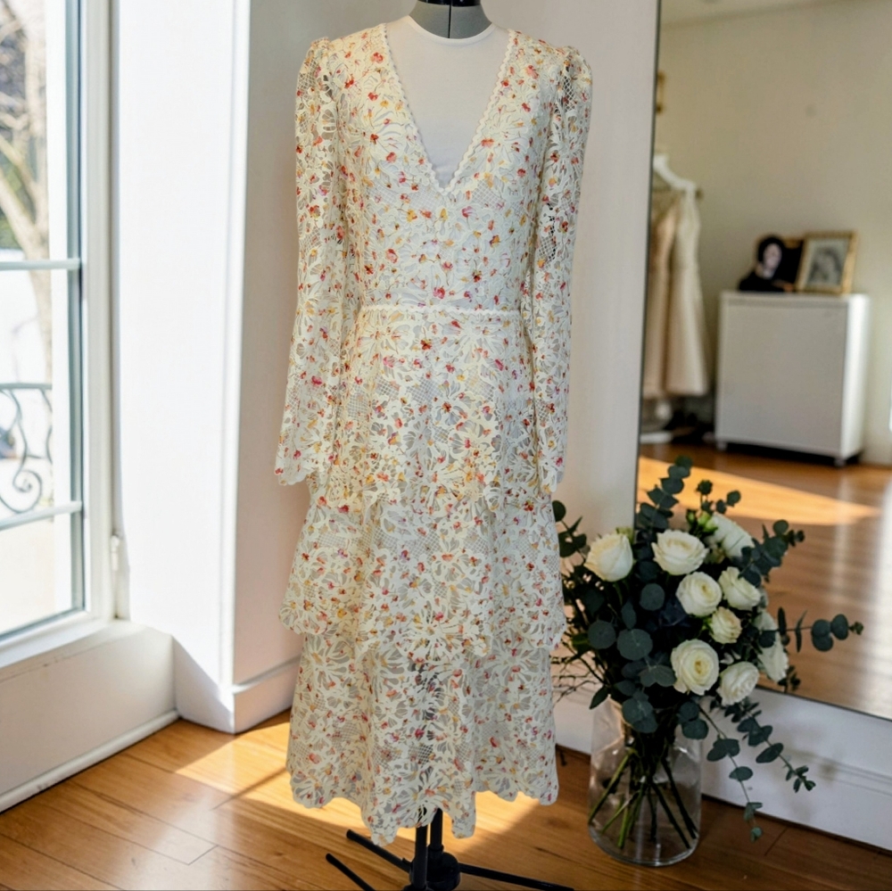 Monique Lhuillier White With Color Floral Tiered Midi Dress Summer Garden Events - Picture 5 of 17